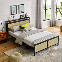 Stylish Wrought Iron Bed Frame With USB Charging Port And Lamp, Durable Metal Platform Bed For Twin Full Double Size