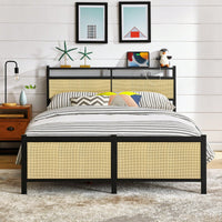 Stylish Wrought Iron Bed Frame With USB Charging Port And Lamp, Durable Metal Platform Bed For Twin Full Double Size