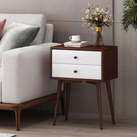 Mid-Century Modern Side Table With Rubberwood Legs And Two Drawers In Brown And White Finish