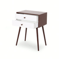 Mid-Century Modern Side Table With Rubberwood Legs And Two Drawers In Brown And White Finish