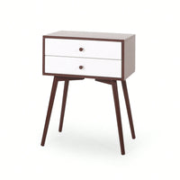 Mid-Century Modern Side Table With Rubberwood Legs And Two Drawers In Brown And White Finish