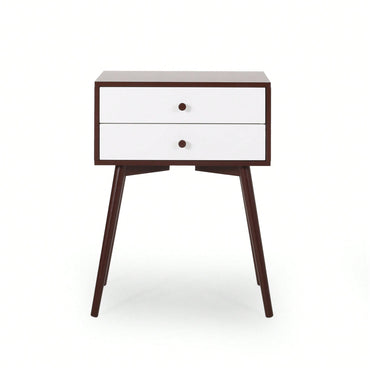 Mid-Century Modern Side Table With Rubberwood Legs And Two Drawers In Brown And White Finish