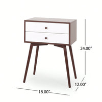 Mid-Century Modern Side Table With Rubberwood Legs And Two Drawers In Brown And White Finish