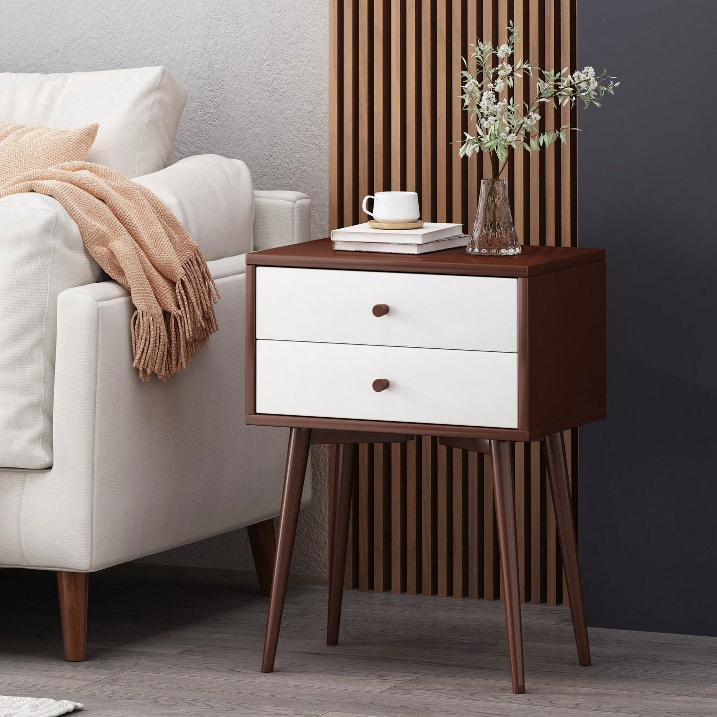 Mid-Century Modern Side Table With Rubberwood Legs And Two Drawers In Brown And White Finish