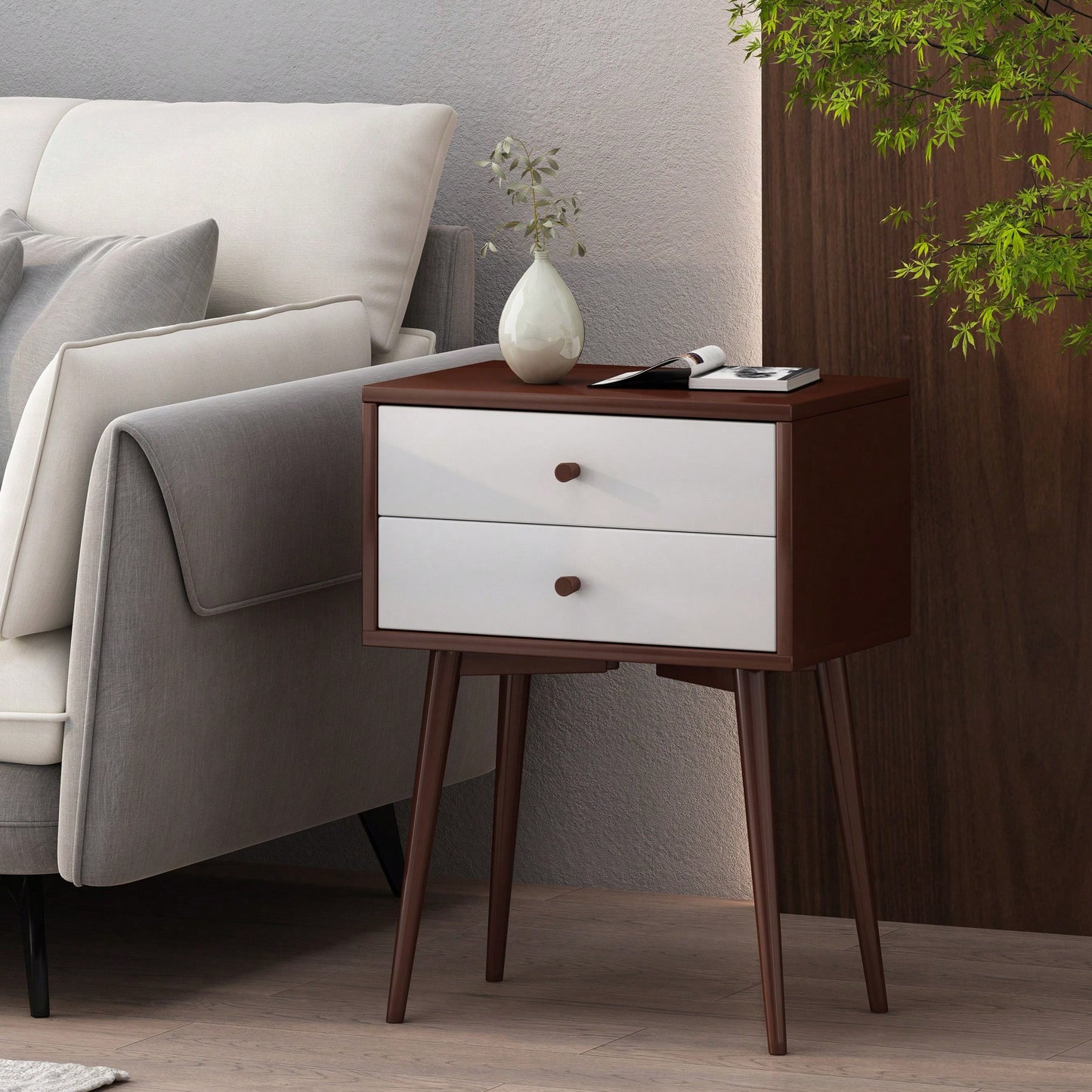 Mid-Century Modern Side Table With Rubberwood Legs And Two Drawers In Brown And White Finish