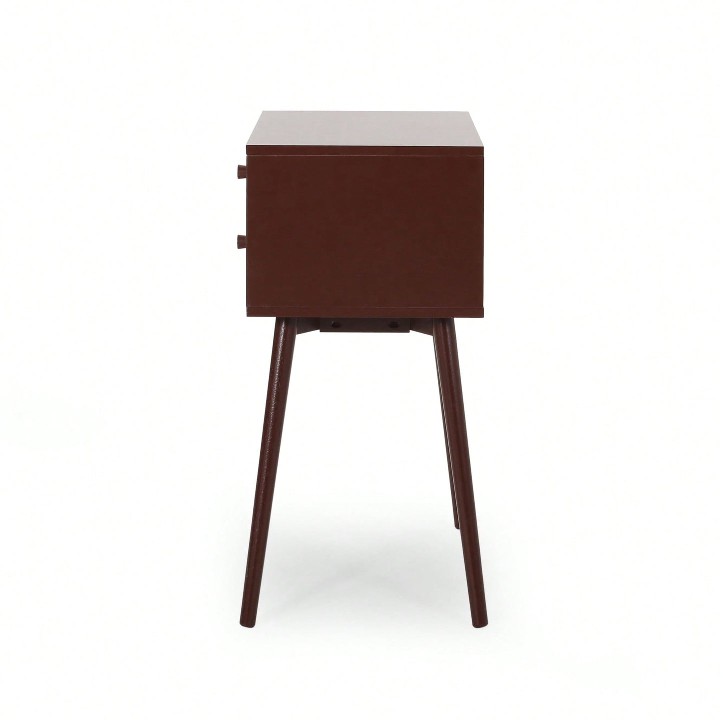 Mid-Century Modern Side Table With Rubberwood Legs And Two Drawers In Brown And White Finish