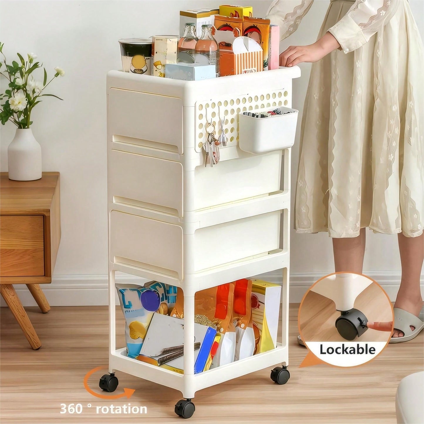 4 Tier Rolling Storage Cart for Bedroom Kitchen Living Room Durable PP Organizer for Toys Snacks Tools and Pet Supplies