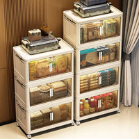 3-Tier Collapsible Storage Cabinet with Magnetic Doors and Rolling Bins for Home Organization