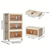 3-Tier Collapsible Storage Cabinet with Magnetic Doors and Rolling Bins for Home Organization
