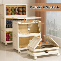 3-Tier Collapsible Storage Cabinet with Magnetic Doors and Rolling Bins for Home Organization