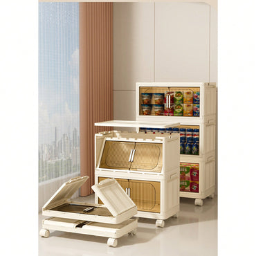3-Tier Collapsible Storage Cabinet with Magnetic Doors and Rolling Bins for Home Organization