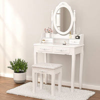 Elegant White Vanity Table Set With 4 Drawers, Cushioned Stool And 360° Oval Mirror For Makeup And Dressing