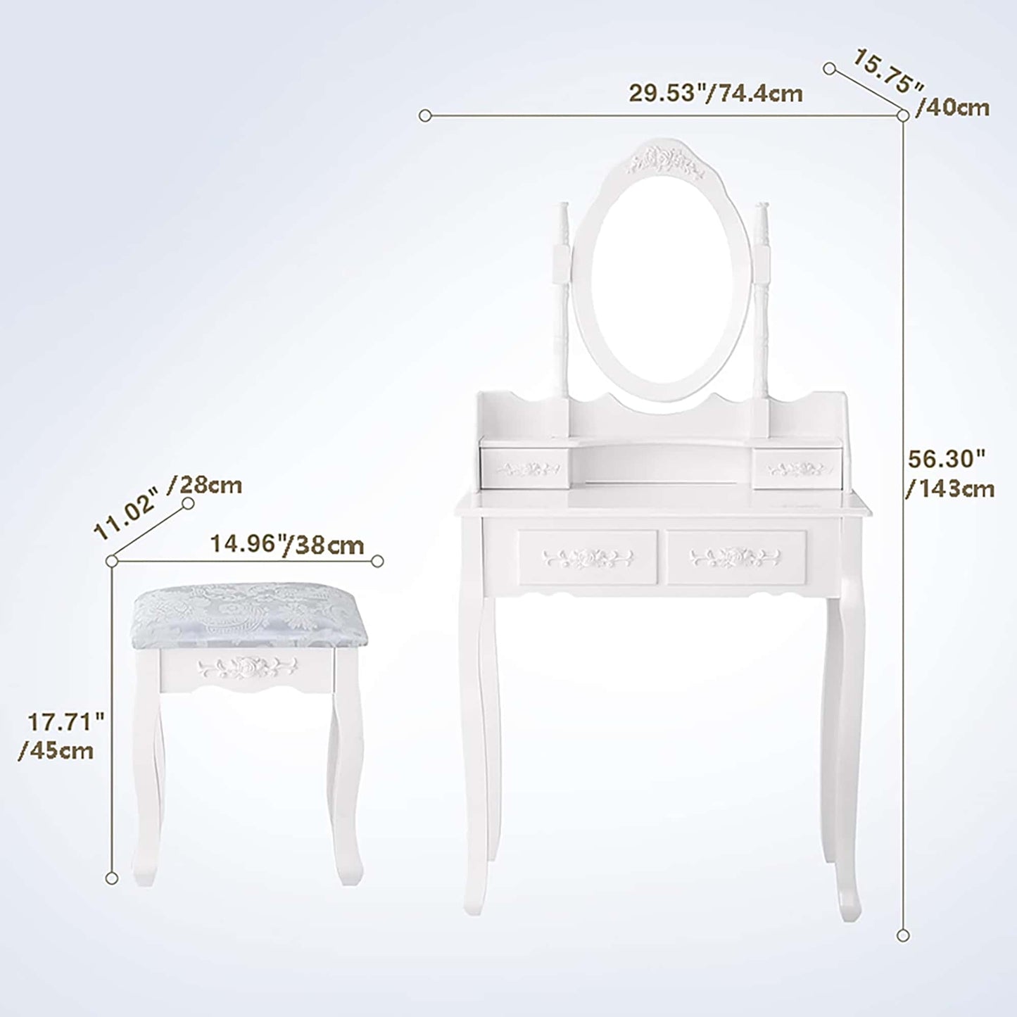 Elegant White Vanity Table Set With 4 Drawers, Cushioned Stool And 360° Oval Mirror For Makeup And Dressing