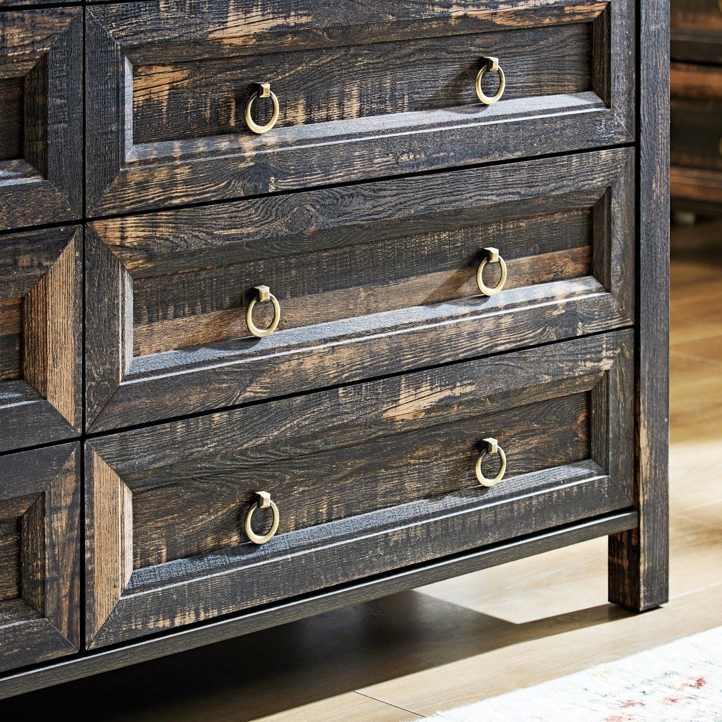 Rustic 6 Drawer Dresser For Bedroom And Living Room, Wide Storage Chest With Barn Door Style, Durable Wood Organizer In Dark Rustic Oak