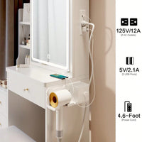 Compact Vanity Table with Cushioned Stool Touch Control LED Mirror USB Ports Hair Dryer Bracket Adjustable Brightness Tri-Color Lighting