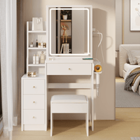 Compact Vanity Table with Cushioned Stool Touch Control LED Mirror USB Ports Hair Dryer Bracket Adjustable Brightness Tri-Color Lighting