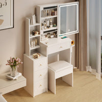 Compact Vanity Table with Cushioned Stool Touch Control LED Mirror USB Ports Hair Dryer Bracket Adjustable Brightness Tri-Color Lighting