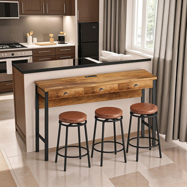 3-Drawer Long Dining Table Set With Power Outlets And Circular PU Stools For Modern Dining Experience