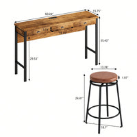 3-Drawer Long Dining Table Set With Power Outlets And Circular PU Stools For Modern Dining Experience