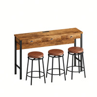 3-Drawer Long Dining Table Set With Power Outlets And Circular PU Stools For Modern Dining Experience
