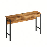 3-Drawer Long Dining Table Set With Power Outlets And Circular PU Stools For Modern Dining Experience