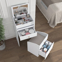 Stylish White Makeup Vanity Set With Mirror And Chair, Space-Saving Dressing Table For Teen Girls With Storage Drawers And Comfortable Stool