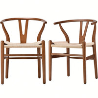 Mid-Century Solid Wood Weave Dining Armchair Set of 2 Ergonomic Wishbone Chairs Fully Assembled for Dining Room
