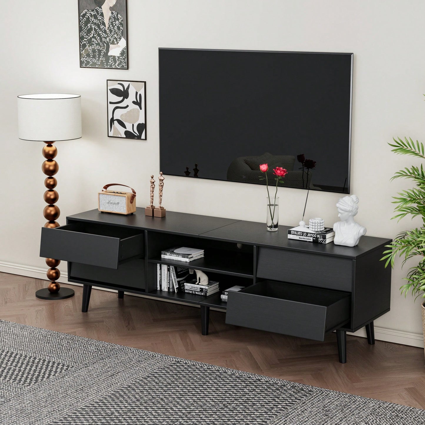 Vintage Bevel Design 63 Inch TV Stand With Drawers And Shelves, Sturdy MDF Entertainment Center For Living Room And Bedroom