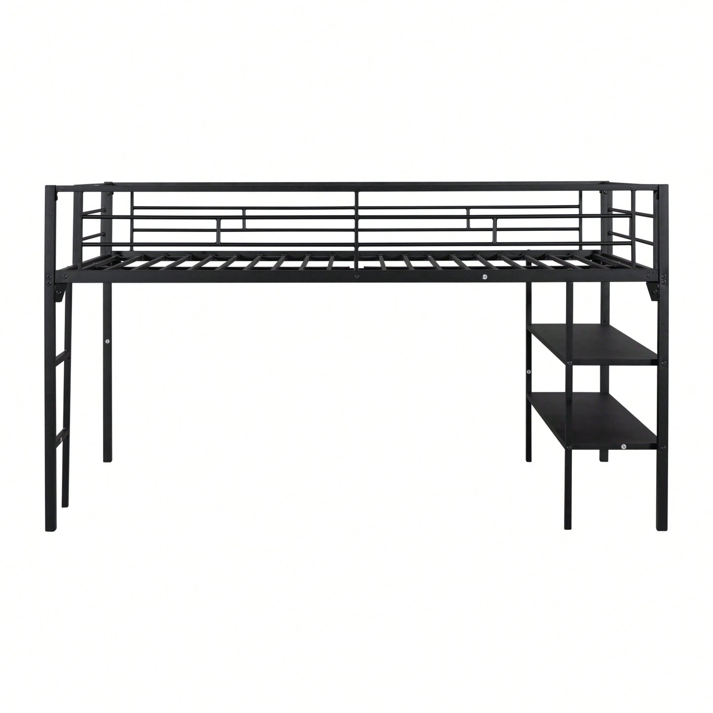 Low Loft Bed With Built-In Storage Shelves For Kids, Metal Frame, Full-Length Guardrail, Anti-Noise Design, Space-Saving Solution