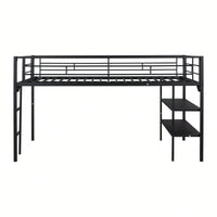 Low Loft Bed With Built-In Storage Shelves For Kids, Metal Frame, Full-Length Guardrail, Anti-Noise Design, Space-Saving Solution