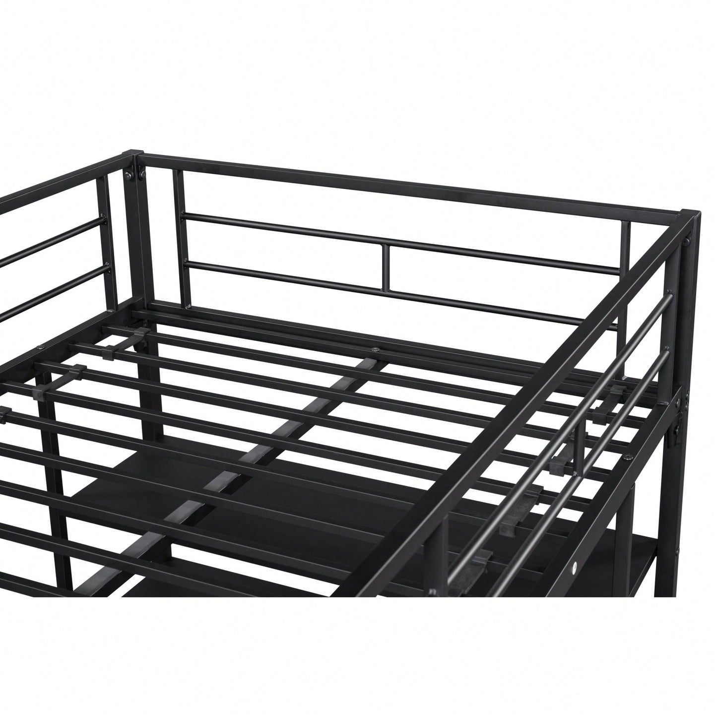 Low Loft Bed With Built-In Storage Shelves For Kids, Metal Frame, Full-Length Guardrail, Anti-Noise Design, Space-Saving Solution