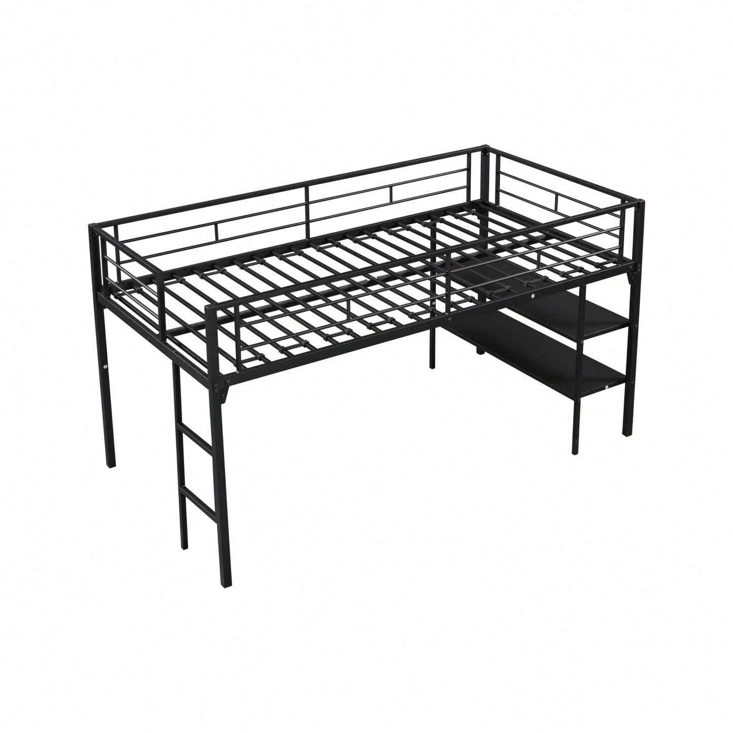 Low Loft Bed With Built-In Storage Shelves For Kids, Metal Frame, Full-Length Guardrail, Anti-Noise Design, Space-Saving Solution