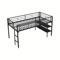 Low Loft Bed With Built-In Storage Shelves For Kids, Metal Frame, Full-Length Guardrail, Anti-Noise Design, Space-Saving Solution