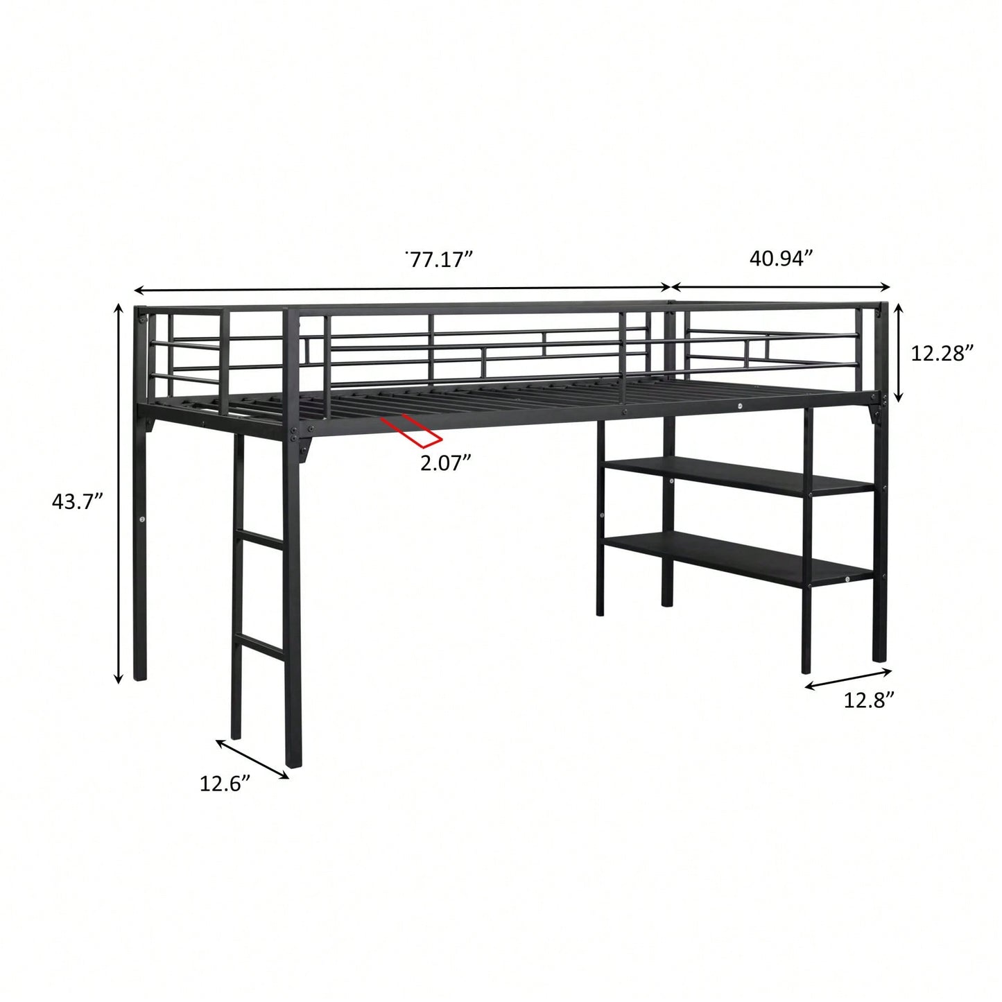 Low Loft Bed With Built-In Storage Shelves For Kids, Metal Frame, Full-Length Guardrail, Anti-Noise Design, Space-Saving Solution