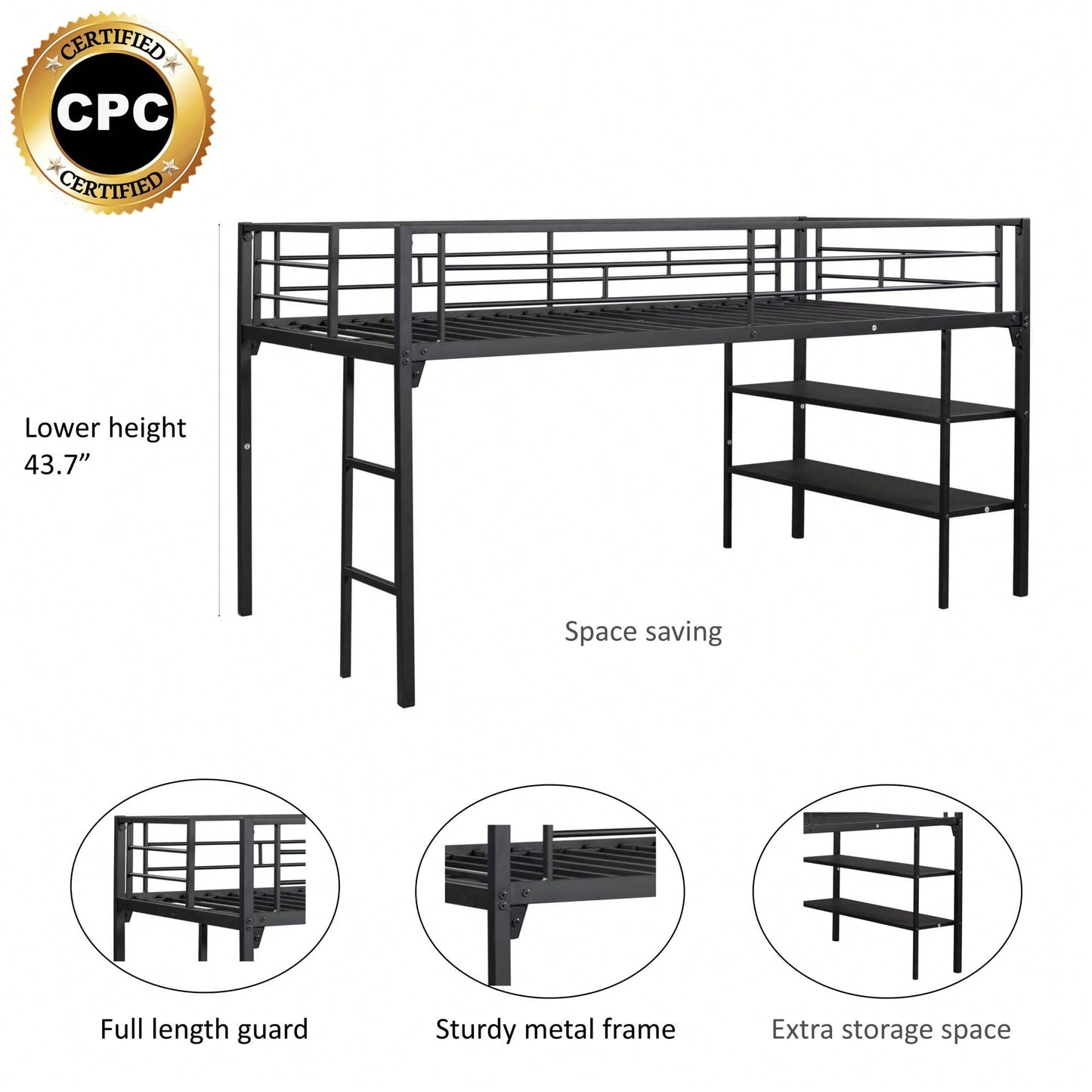 Low Loft Bed With Built-In Storage Shelves For Kids, Metal Frame, Full-Length Guardrail, Anti-Noise Design, Space-Saving Solution