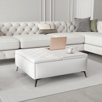 35 Inch Wide Square Lift Top Storage Bench Coffee Table With Oversized Ottoman And Metal Legs For Living Room