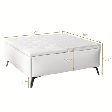 35 Inch Wide Square Lift Top Storage Bench Coffee Table With Oversized Ottoman And Metal Legs For Living Room