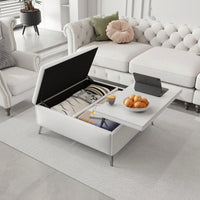 35 Inch Wide Square Lift Top Storage Bench Coffee Table With Oversized Ottoman And Metal Legs For Living Room