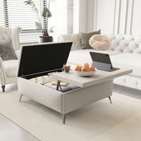 35 Inch Wide Square Lift Top Storage Bench Coffee Table With Oversized Ottoman And Metal Legs For Living Room