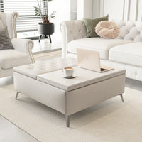 35 Inch Wide Square Lift Top Storage Bench Coffee Table With Oversized Ottoman And Metal Legs For Living Room