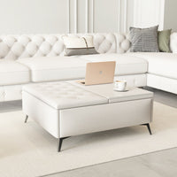 35 Inch Wide Square Lift Top Storage Bench Coffee Table With Oversized Ottoman And Metal Legs For Living Room