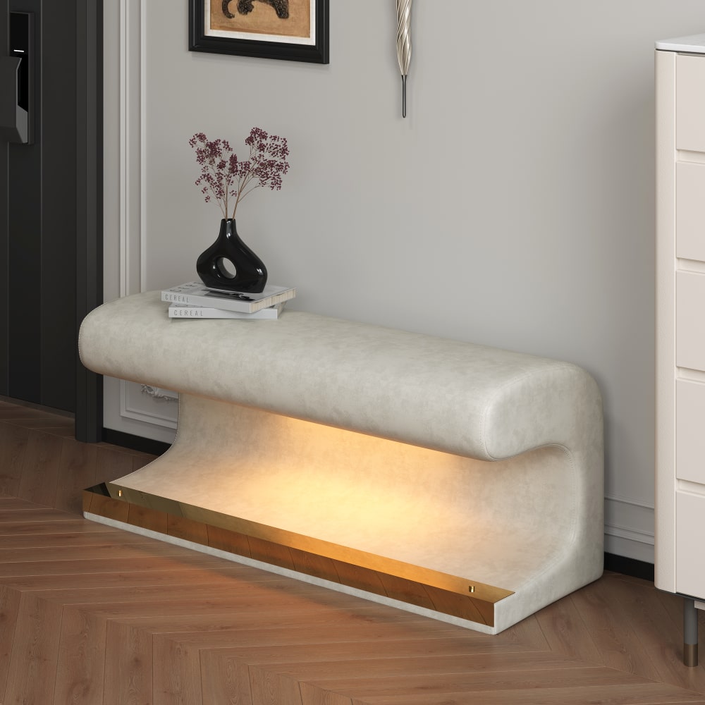 Minimalist Leather Upholstered Entryway Bench With Motion-Sensing LED Light For Living Room Bedroom End Of Bed