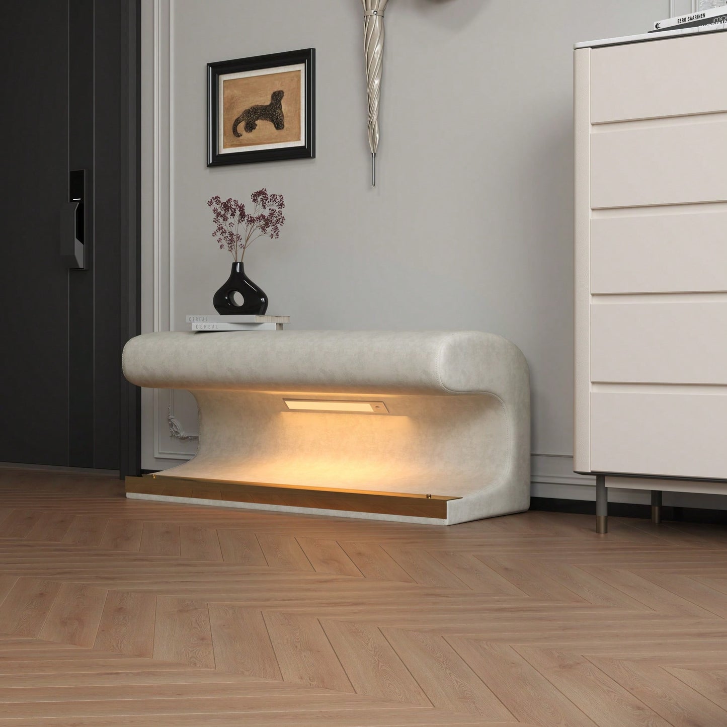 Minimalist Leather Upholstered Entryway Bench With Motion-Sensing LED Light For Living Room Bedroom End Of Bed