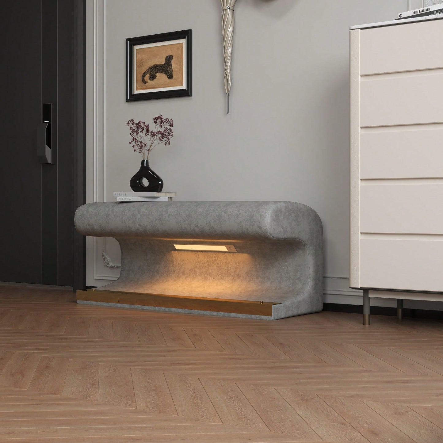 Minimalist Leather Upholstered Entryway Bench With Motion-Sensing LED Light For Living Room Bedroom End Of Bed