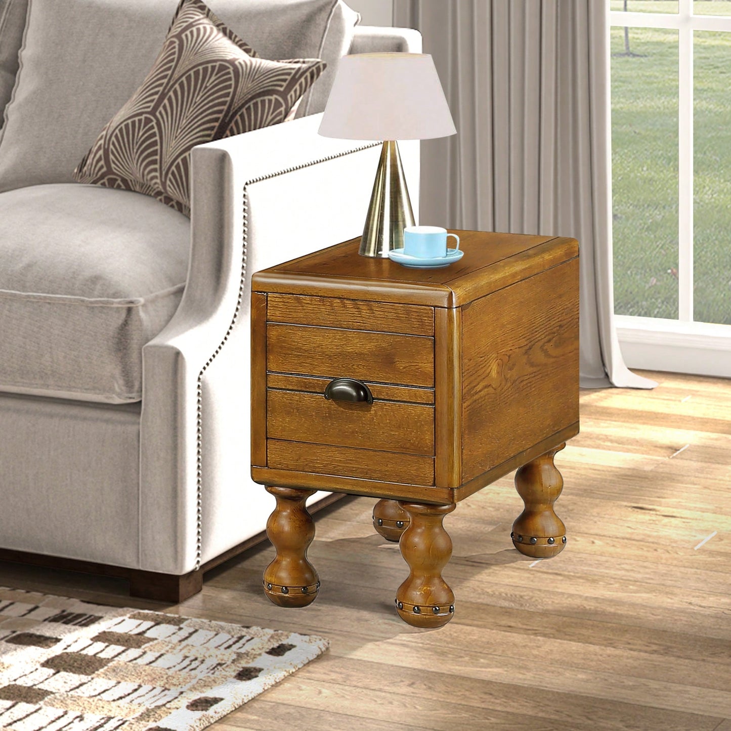 Solid Wood Narrow End Table With Drawer, Vintage Nightstand For Small Spaces, Easy Assembly, Waterproof And Sturdy Design