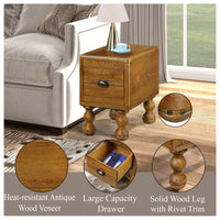 Solid Wood Narrow End Table With Drawer, Vintage Nightstand For Small Spaces, Easy Assembly, Waterproof And Sturdy Design