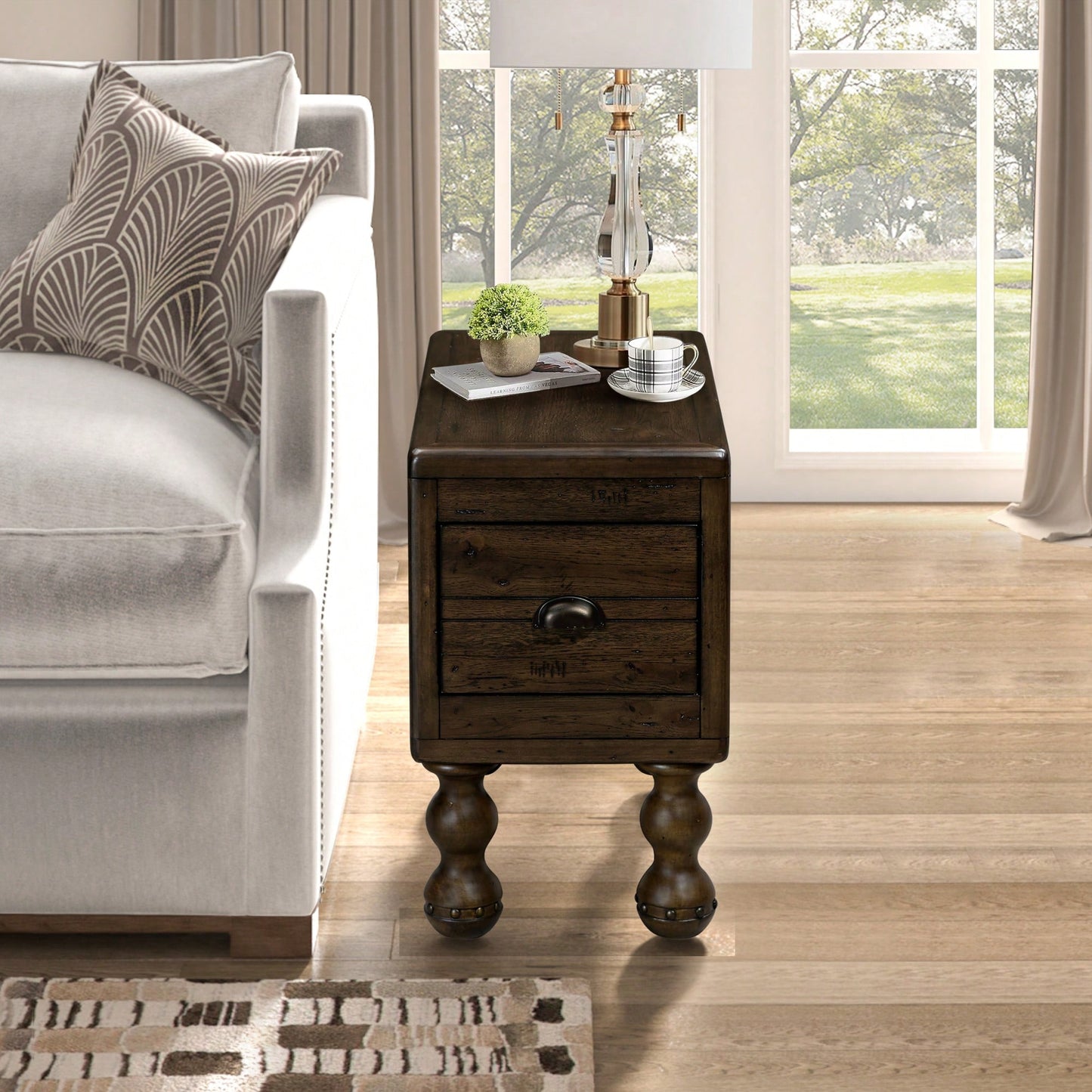 Solid Wood Narrow End Table With Drawer, Vintage Nightstand For Small Spaces, Easy Assembly, Waterproof And Sturdy Design