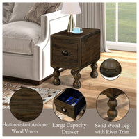 Solid Wood Narrow End Table With Drawer, Vintage Nightstand For Small Spaces, Easy Assembly, Waterproof And Sturdy Design