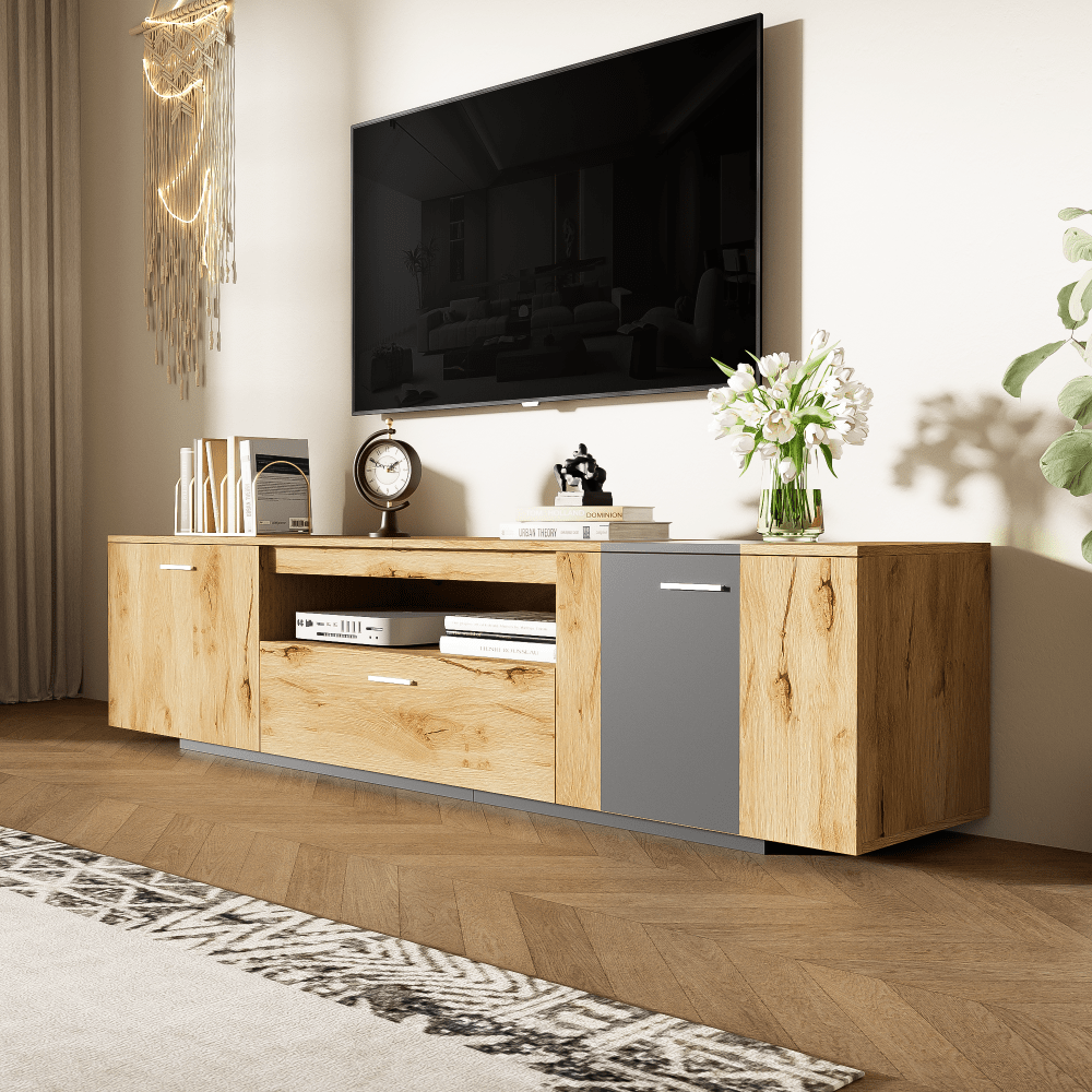 70 Inch Modern TV Stand with Storage Cabinets and Drawer for TVs up to 80 Inch Minimalist Entertainment Center in Wood and Grey Finish