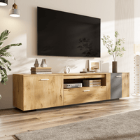 70 Inch Modern TV Stand with Storage Cabinets and Drawer for TVs up to 80 Inch Minimalist Entertainment Center in Wood and Grey Finish